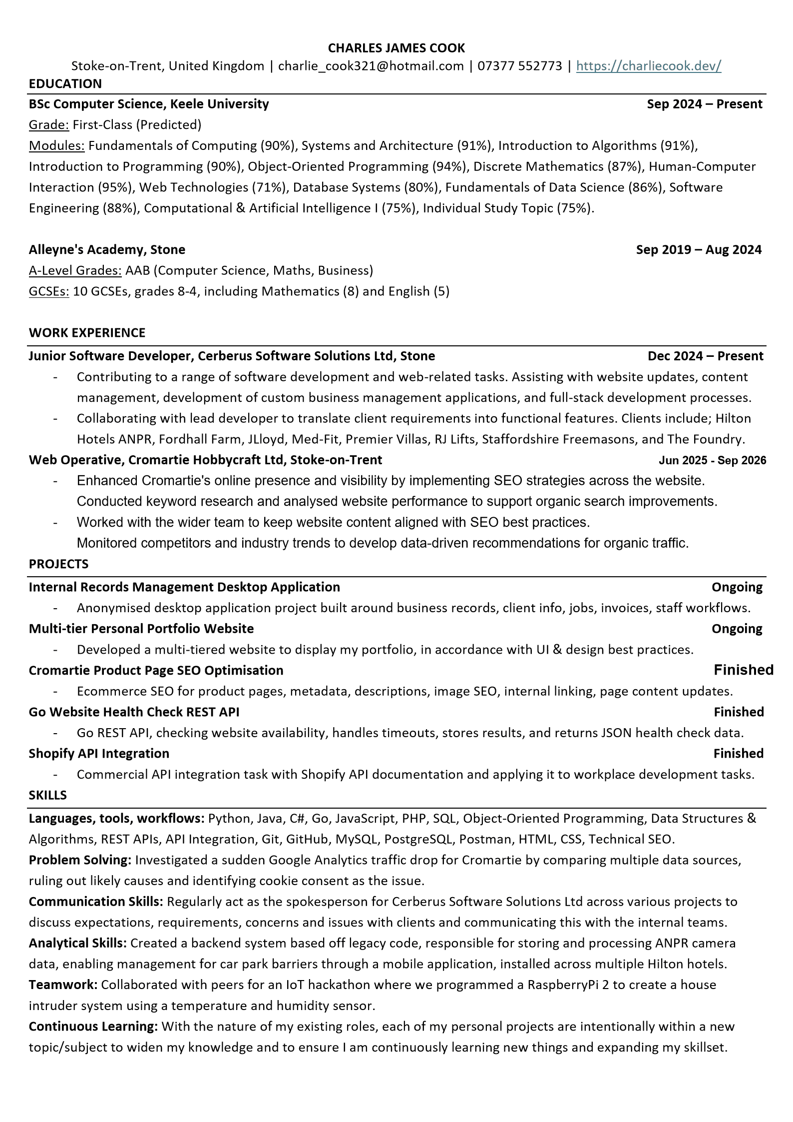 Page 1 of Charlie Cook's software developer CV
