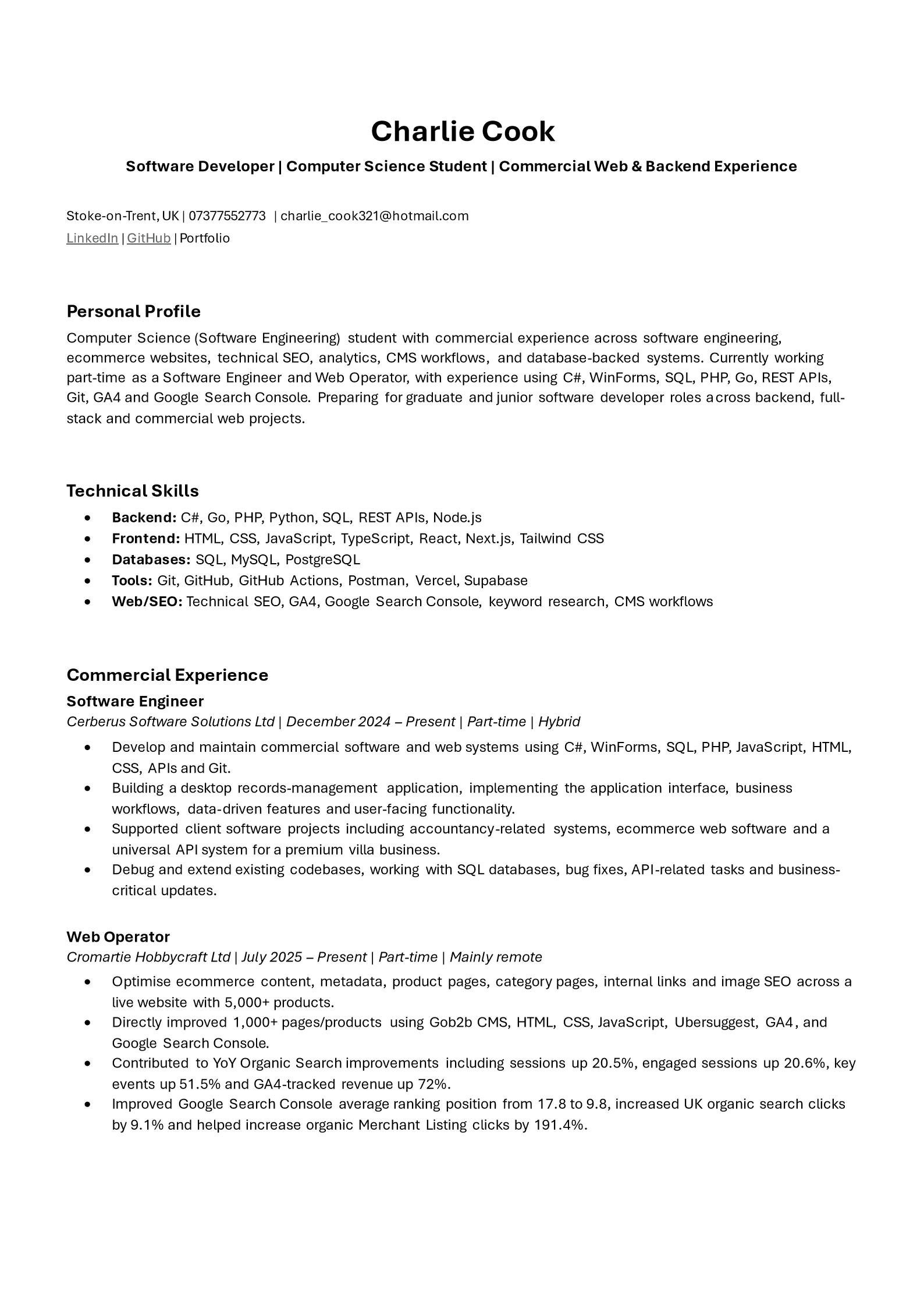 Page 1 of Charlie Cook's software developer CV