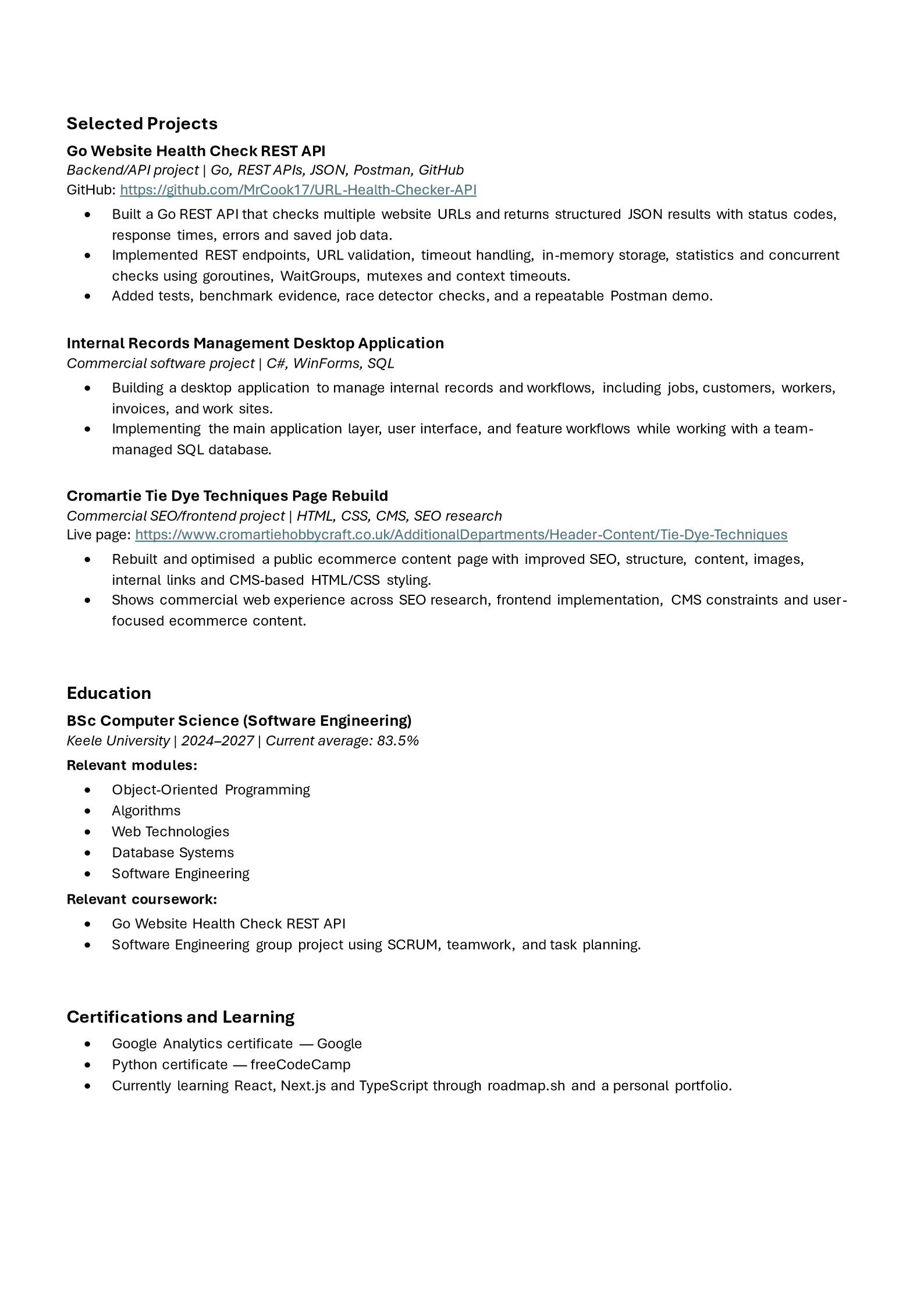Page 2 of Charlie Cook's software developer CV